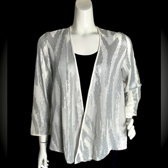 CHICO’S Women White Sheer Silver Beads in Geometric design Light jacket Size 0 - Picture 1 of 12